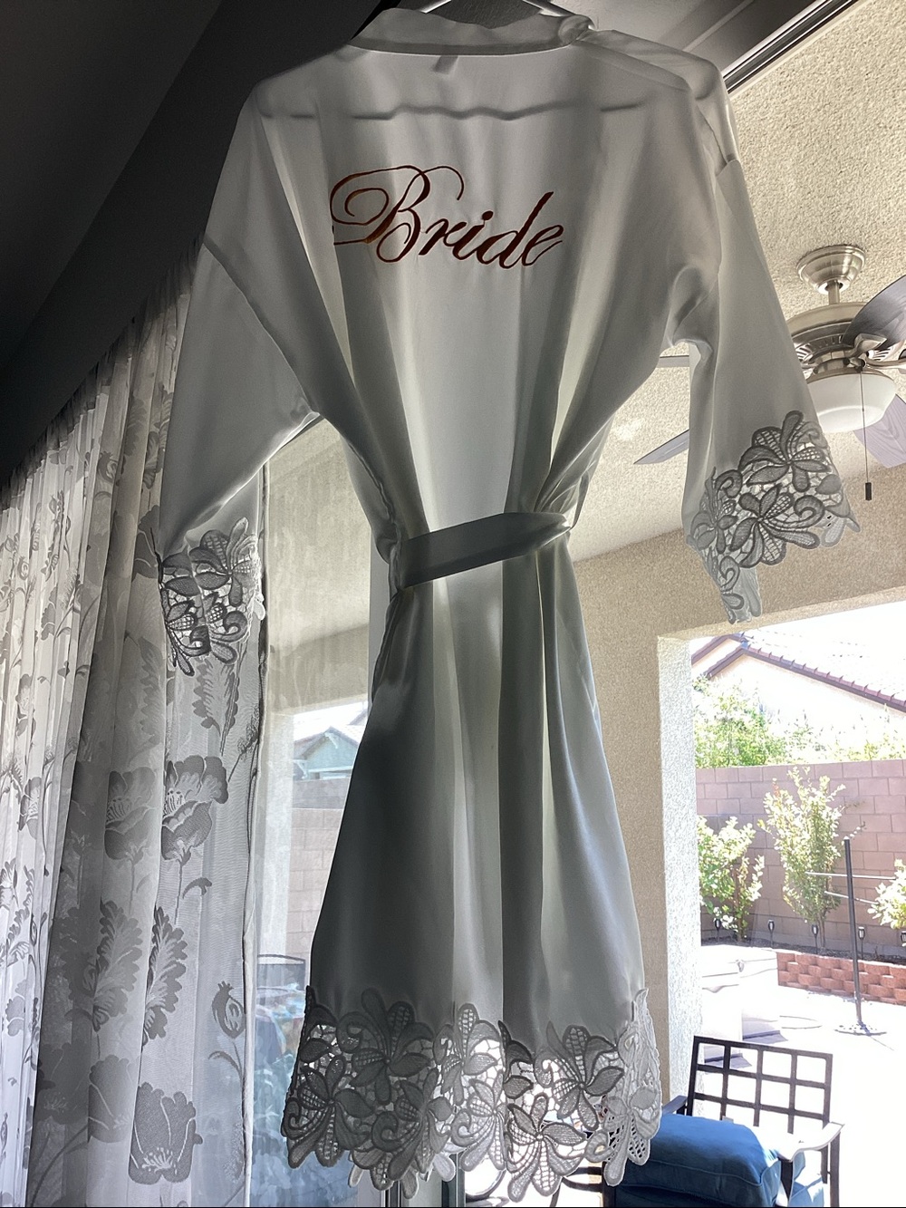 Bride Satin Lace Trim Robe - White with Gold text